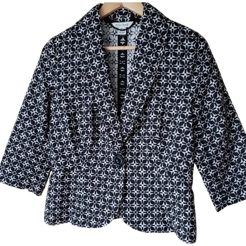WHBM BLAZER 3/4 Sleeve Black & White Geometric Button Down Blazer Jacket